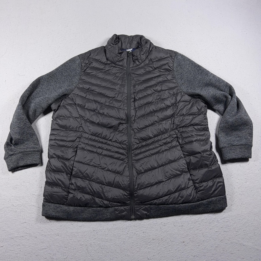 Lands End Jacket Women 2X Down Puffer Knit Sleeves Gray Hybrid Zip Mock Gorpcore